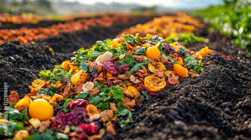 Compost pile enhancing soil health in a regenerative agriculture field during a sunny afternoon