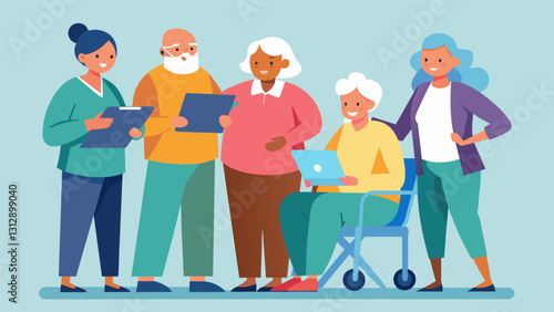 An illustration of seniors working together to create a petition calling for improved transportation services for those with mobility issues.. Vector illustration