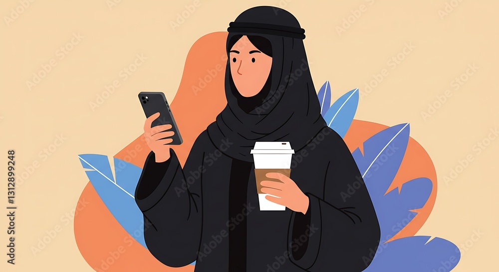 Woman with Coffee Texting on Phone in Traditional Dress Illustration Woman with Coffee Texting on Phone in Traditional Dress Illustration
