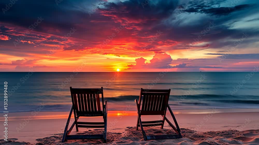 Two empty chairs on a tropical beach witness a dramatic sunset spectacle, tranquility personified, Ai Generated. Two empty chairs on a tropical beach witness a dramatic sunset spectacle, tranquility personified, Ai Generated.