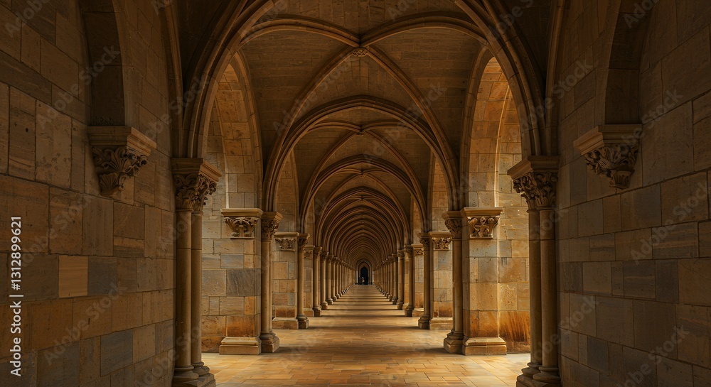 Walking Through a Long Stone Archway Hallway with Ornate Architecture Walking Through a Long Stone Archway Hallway with Ornate Architecture