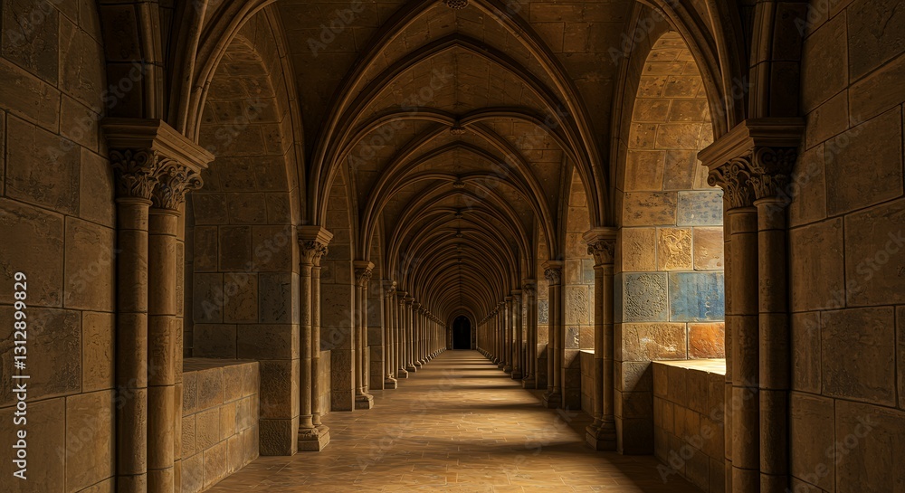 Long arched stone hallway stretches into the distance with columns Long arched stone hallway stretches into the distance with columns
