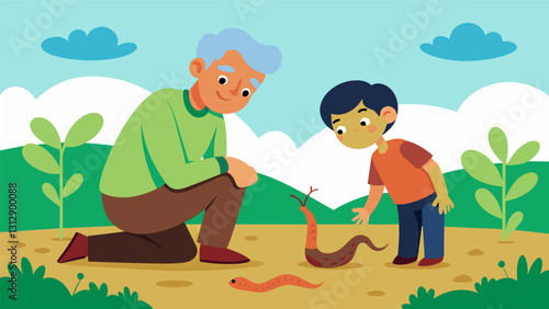 An elderly man and a young boy kneeling down together to examine a worm in the soil discussing its role in the garden ecosystem.. Vector illustration