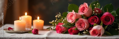 Elegant candles, roses, fine china, linen tablecloth, home, texture, wedding
