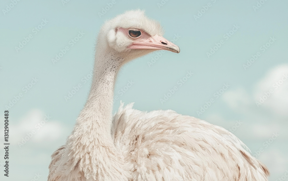 Fototapeta premium White Ostrich Close Up Against a Pale Blue Sky