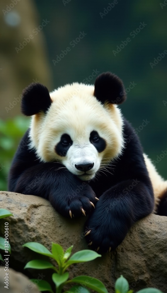 Giant panda soundly sleeping, sprawled on rock, fluffy, background, Asia