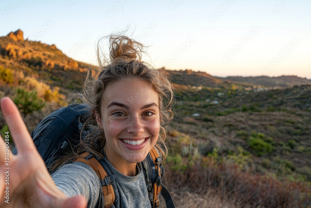 Naklejka premium I'd like to share my journey with everyone, as seen in a photo of a young woman taking a selfie on a hike