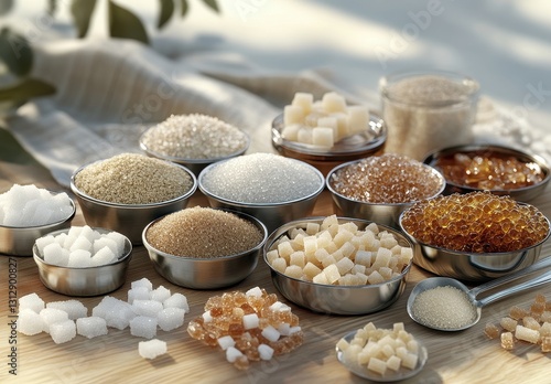 A Colorful Array of Sugar Varieties in Metallic Bowls on a Wooden Surface with Natural Light and Textures