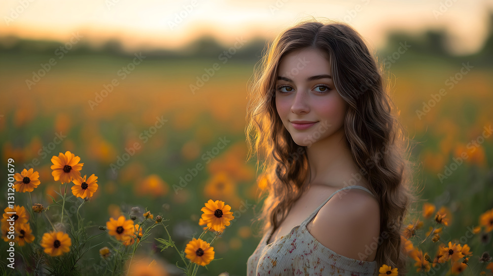 Portrait of a Pretty Young Woman in a Flower Field at Sunset Portrait of a Pretty Young Woman in a Flower Field at Sunset