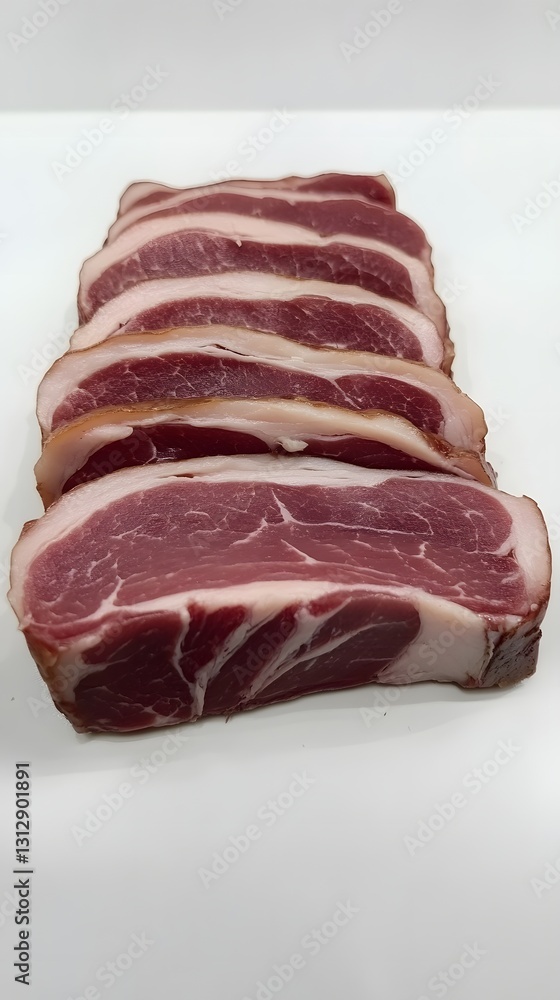 Sliced Raw Bacon Strips: Freshly sliced, raw bacon strips arranged, offering a mouthwatering view of the meat's texture and marbling, ready to be cooked into a flavorful dish. Sliced Raw Bacon Strips: Freshly sliced, raw bacon strips arranged, offering a mouthwatering view of the meat's texture and marbling, ready to be cooked into a flavorful dish.