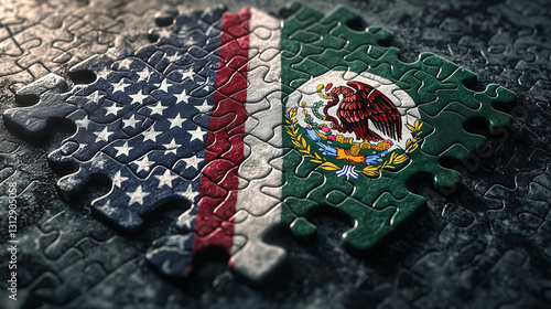 The US and Mexico flags are joined as interlocking jigsaw puzzle pieces, symbolizing bilateral diplomacy, trade collaboration, immigration policy, and the cultural bond across the US-Mexico border.
