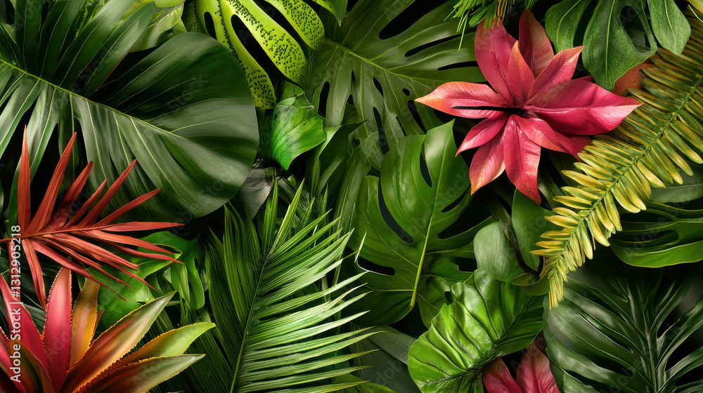 Lush tropical foliage with vibrant leaves in various shades of green and red, creating vibrant and lively atmosphere Lush tropical foliage with vibrant leaves in various shades of green and red, creating vibrant and lively atmosphere