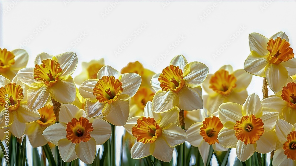 Fototapeta premium Daffodil flower isolated on a white background featuring a vibrant yellow border frame perfect for adding copy to enhance your design with natural beauty