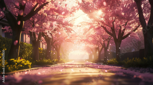 Blühende Kirschbäume im Frühling im Morgenlicht