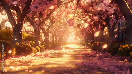 Blühende Kirschbäume im Frühling im Morgenlicht