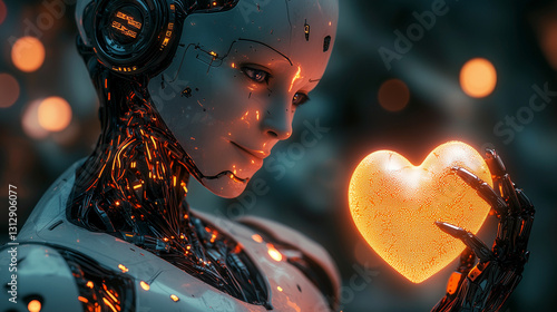 A humanoid robot gazes tenderly at a glowing heart-shaped energy source in its hands, representing artificial empathy, AI-human emotion simulation, and the symbolic bridge between robotics
