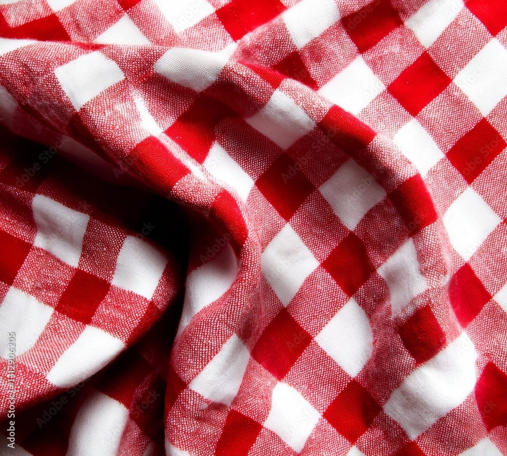 Obraz premium The table cloth is isolated in the kitchen, with a red napkin on a white background, shown from a top view