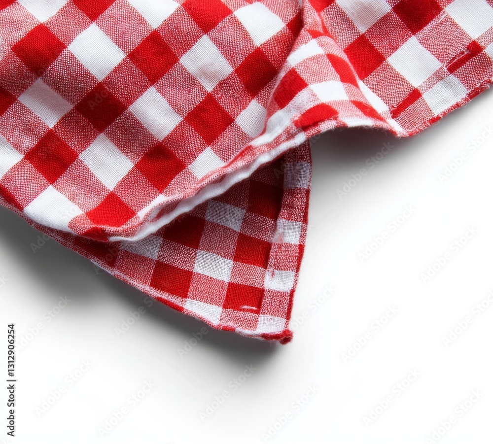 A red napkin is placed on a white background, with an isolated table cloth in the kitchen, captured from above A red napkin is placed on a white background, with an isolated table cloth in the kitchen, captured from above