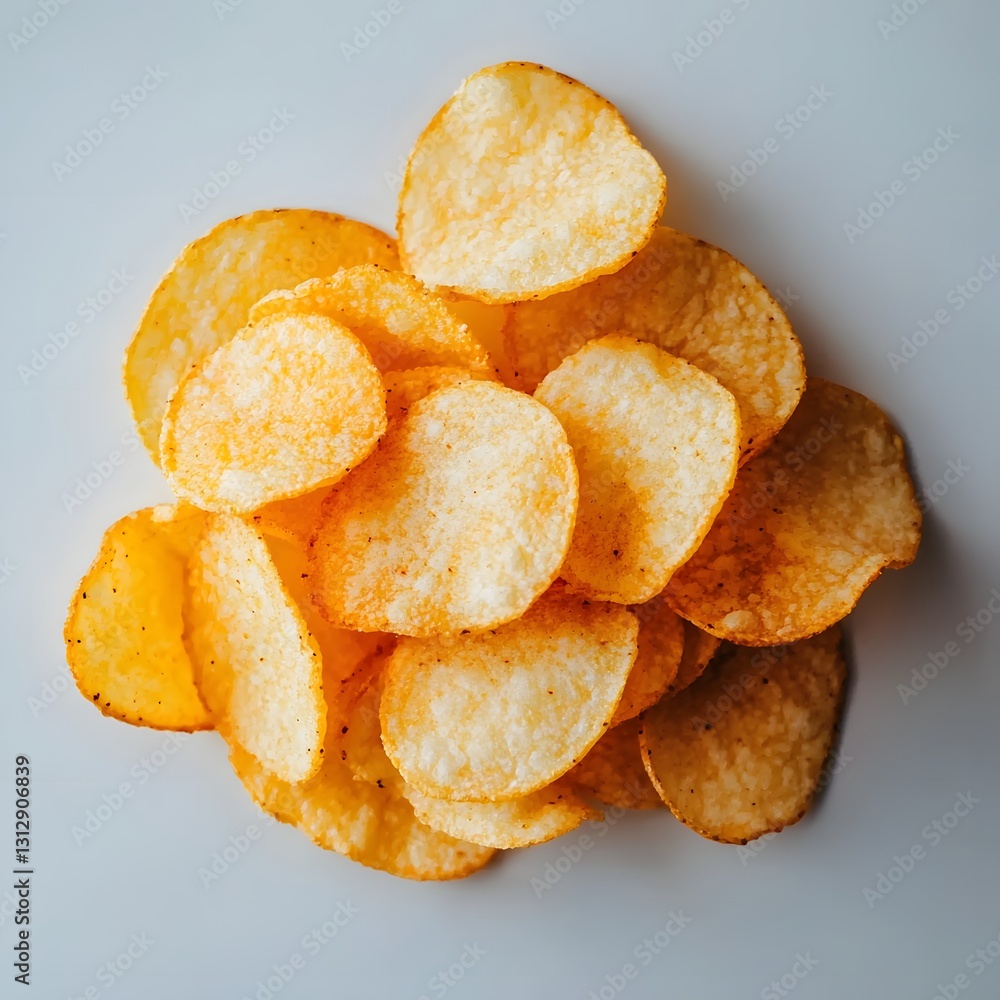 Crispy Potato Chips: A tempting pile of golden, crispy potato chips arranged on a light surface, inviting a delightful snack experience. Crispy Potato Chips: A tempting pile of golden, crispy potato chips arranged on a light surface, inviting a delightful snack experience.