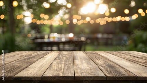 A wooden table top devoid of objects, set against a blurry birthday party scene, suitable for displaying items, generated by stock