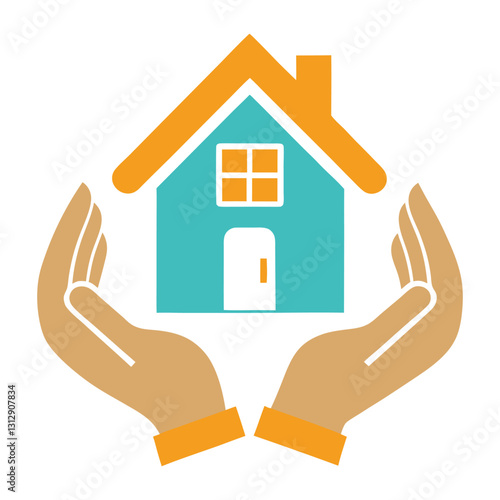 a flat illustration of both hands with a home icon