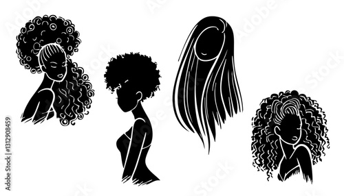 Girl with long beautiful hair. Woman black vector silhouette.