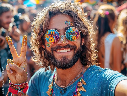 Wallpaper Mural Glistering bearded male showing peace sign in vibrant red portrait at a lively party celebrating individuality and style Torontodigital.ca