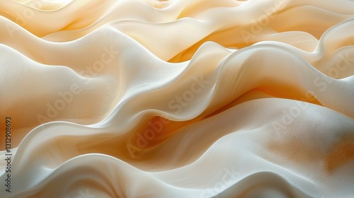 Light beige fluid drapery folds gracefully on a soft background, creating a seamless blend for showcasing naked liquid cosmetics and stylish clothes in a serene setting.