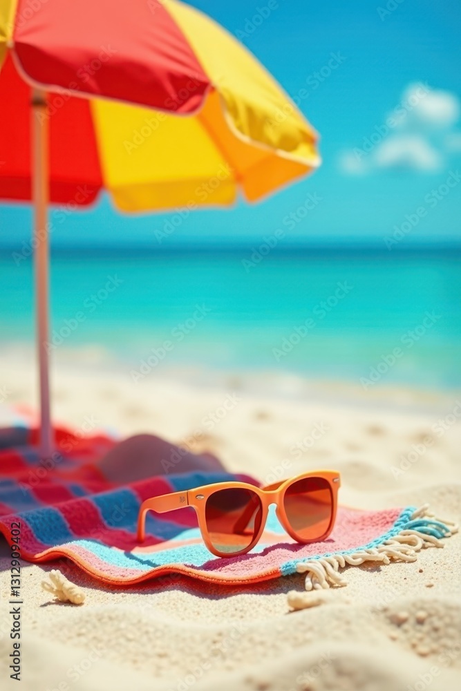 Beach umbrella, vibrant towel, sunglasses on sand, heat, nature Beach umbrella, vibrant towel, sunglasses on sand, heat, nature