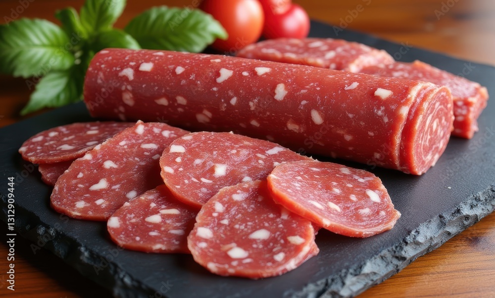 Sliced salami on a wooden board Sliced salami on a wooden board