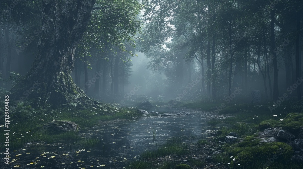 Photorealistic forest with soft morning mist, peaceful and calm, high-resolution and artistic nature photography Photorealistic forest with soft morning mist, peaceful and calm, high-resolution and artistic nature photography