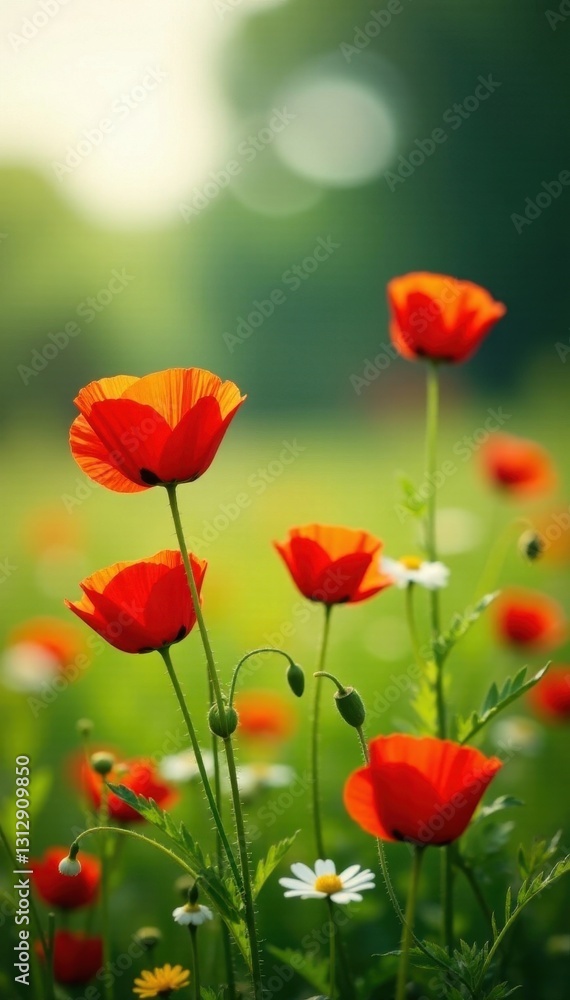 Obraz premium Scarlet poppies and delicate wildflowers carpet a sunlit meadow, buzzing with life , landscape, floral, nature