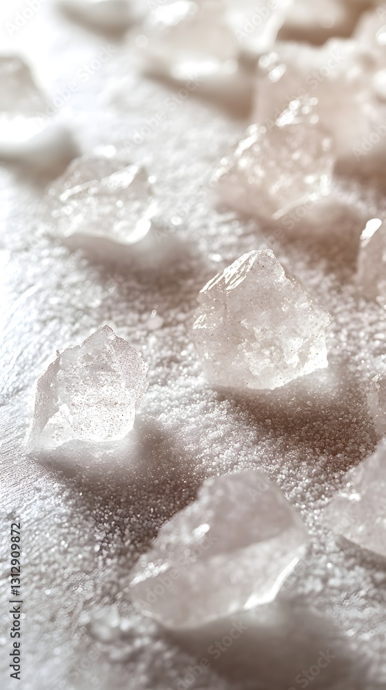 Crystals on Surface: Close-up of translucent crystals scattered on a powdered surface, evoking the themes of purity, texture, and abstract natural beauty. Crystals on Surface: Close-up of translucent crystals scattered on a powdered surface, evoking the themes of purity, texture, and abstract natural beauty.