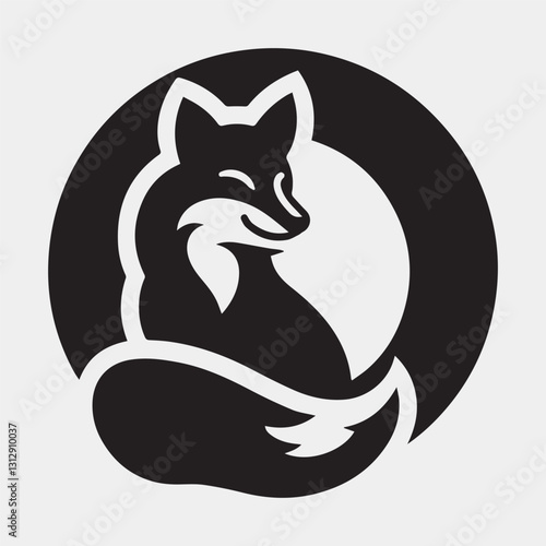  A black and white drawing of a fox with a tail