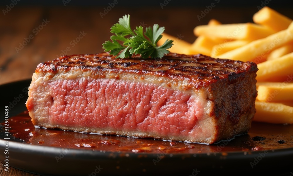 Juicy steak served with fries Juicy steak served with fries