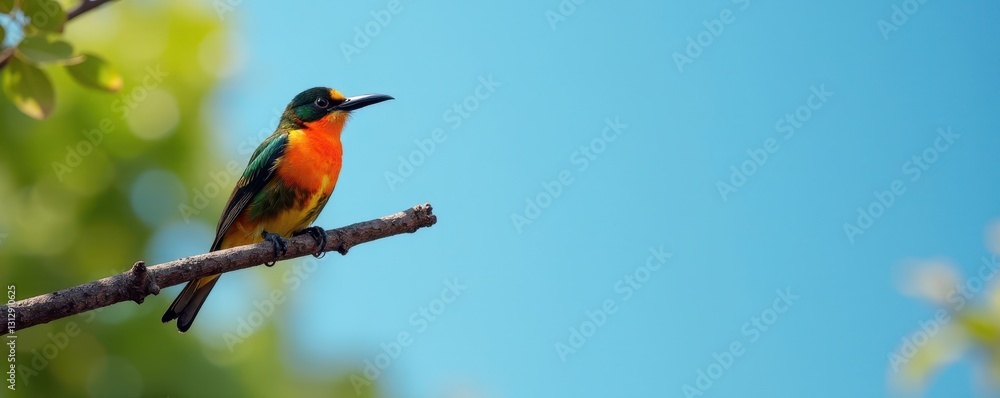 Brightly colored bird resting on a Chilean tree branch against a clear sky , bird on branch, South America Brightly colored bird resting on a Chilean tree branch against a clear sky , bird on branch, South America