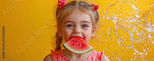 Funny young girl spitting watermelon seeds with joy in her hoyden spirit surrounded by refreshing melon water and vibrant fruit colors
