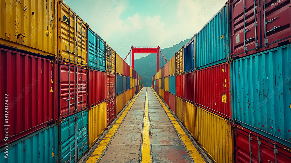 Fototapeta premium A symmetrical perspective of a container lane flanked by brightly colored shipping containers under a soft sky. This visual symbolizes global trade, industrial organization, and the power of logistics