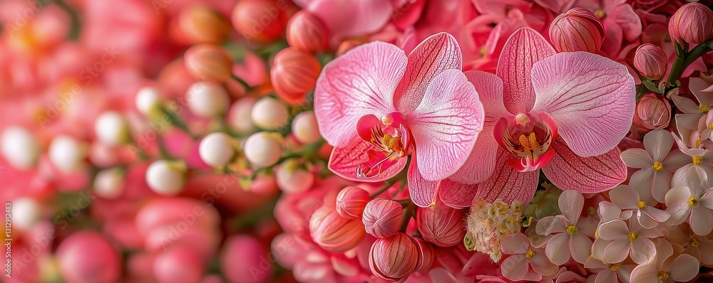 Obraz premium Vibrant orchid and jonquil blossoms create a beautiful floral background texture showcasing nature's finest plants and flowers on a stunning surface ideal for any design project.