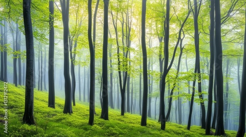Photorealistic forest with soft morning mist, peaceful and calm, high-resolution and artistic nature photography