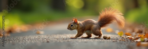 Fluffy squirrel scampering across asphalt, searching for nuts , summer, autumn