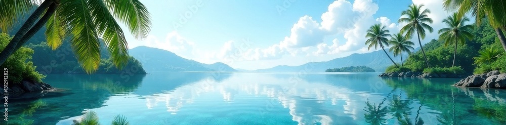 Crystal clear water mirrors lush palms, hazy silhouettes of islands on the horizon, palm trees, coast Crystal clear water mirrors lush palms, hazy silhouettes of islands on the horizon, palm trees, coast