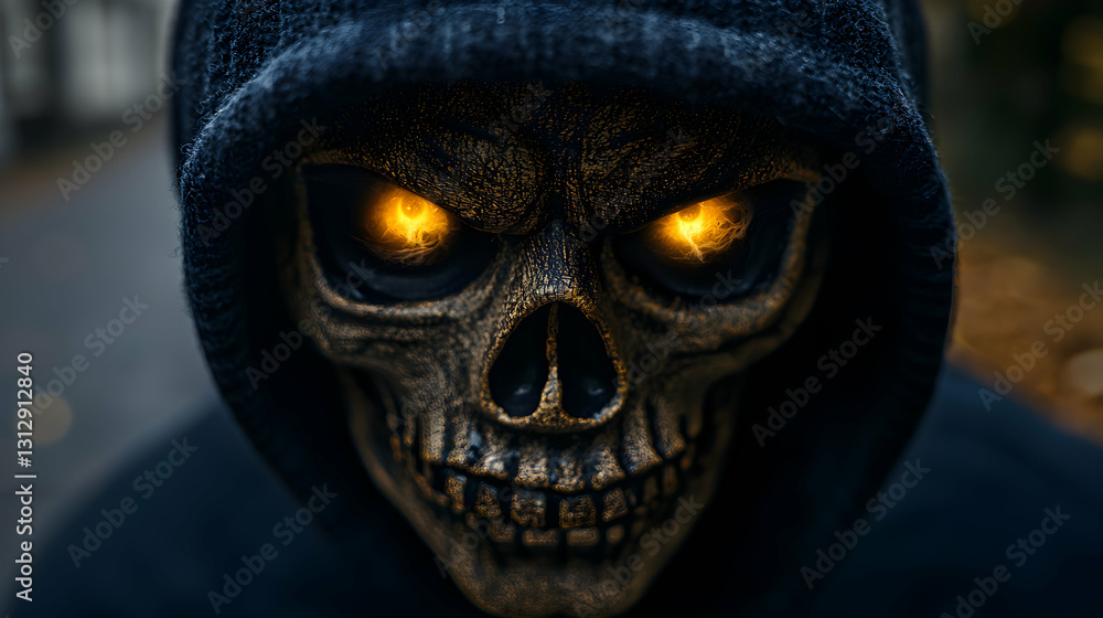 Naklejka premium Figure wearing a hood with a glowing skull mask staring ahead