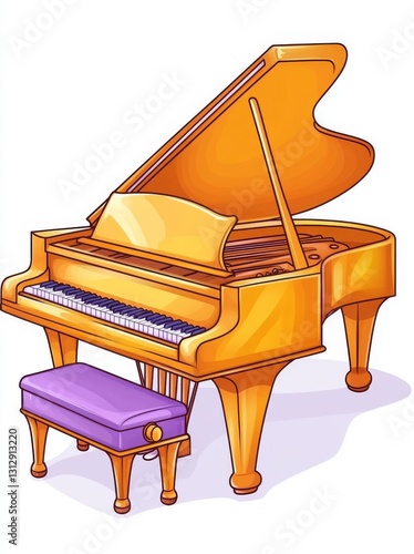 An image features a grand piano with a pink case and a yellow top, and there is another grand piano with a pink case and a yellow top photo