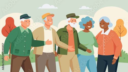 In a retirement community a group of elderly veterans join a power walking group specifically for those who served in the military bonding over their shared experiences while. Vector illustration