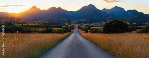 The high mountains are accessed by a lengthy road, embodying the concept of a journey with room for text