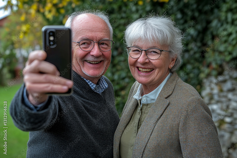 Pensioners smile, taking a joint selfie on a smartphone Pensioners smile, taking a joint selfie on a smartphone