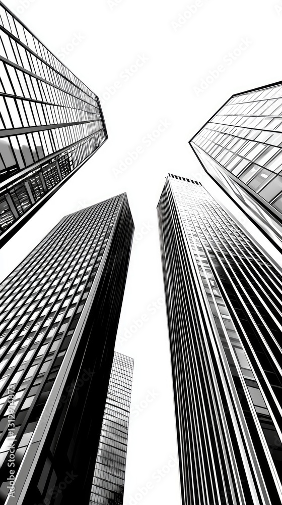 Fototapeta premium City skyscrapers upward view, urban architecture, modern buildings, upward perspective, possible use in commercial or business presentation