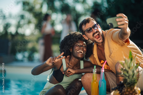 Sticker Friends taking selfie by the pool during summer party