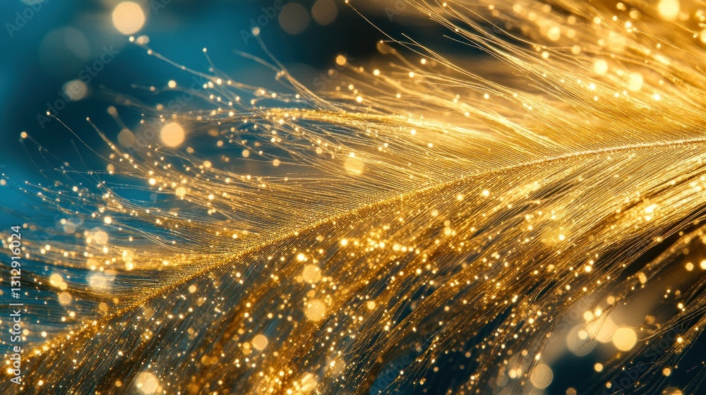 Naklejka premium Golden feather shimmering, dark bokeh background
